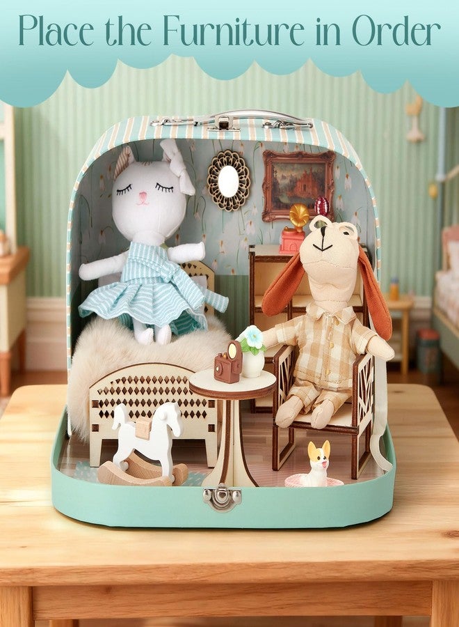 TUZT Bedroom Dollhouse Suitcase - Portable Playset with 21 PCS Wooden Furniture, Adorable Animal Dolls & Pet Kennels, Fold-and-Go Design for Travel, Creative Gift for Kids 3-8 Years - Image 3